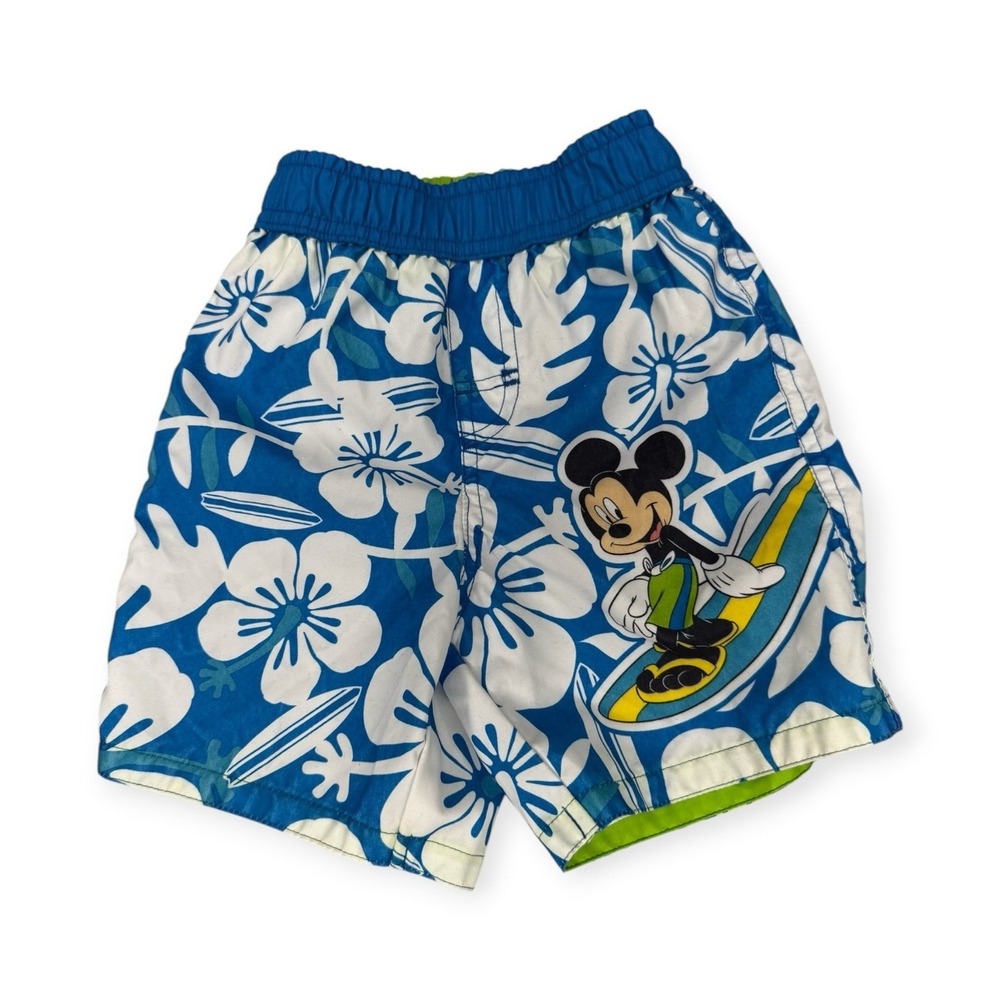 Disney Mickey Mouse Boys 2T Swim Trunks Blue Floral Polyester Elastic Waist